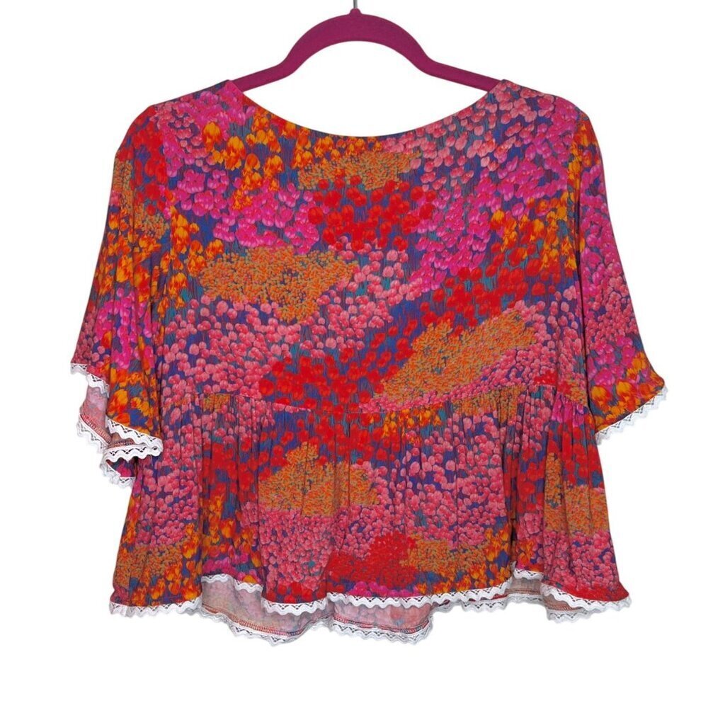 Rusttydustty Pink Floral Boho Blouse Large Lace Trim Peasant Top - Picture 3 of 6